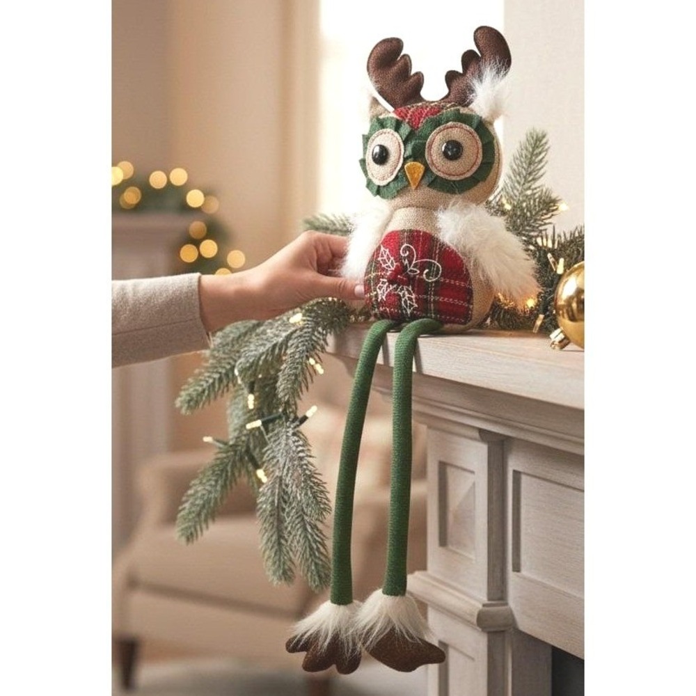Pier 1 Owl Reindeer Shelf Sitter OS Red Green Plaid Burlap Christmas Decor